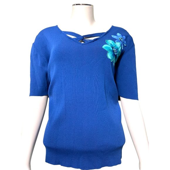 Alfred Dunner Bright Royal Blue Pullover Blouse Flower Decoration Size L - Picture 1 of 11